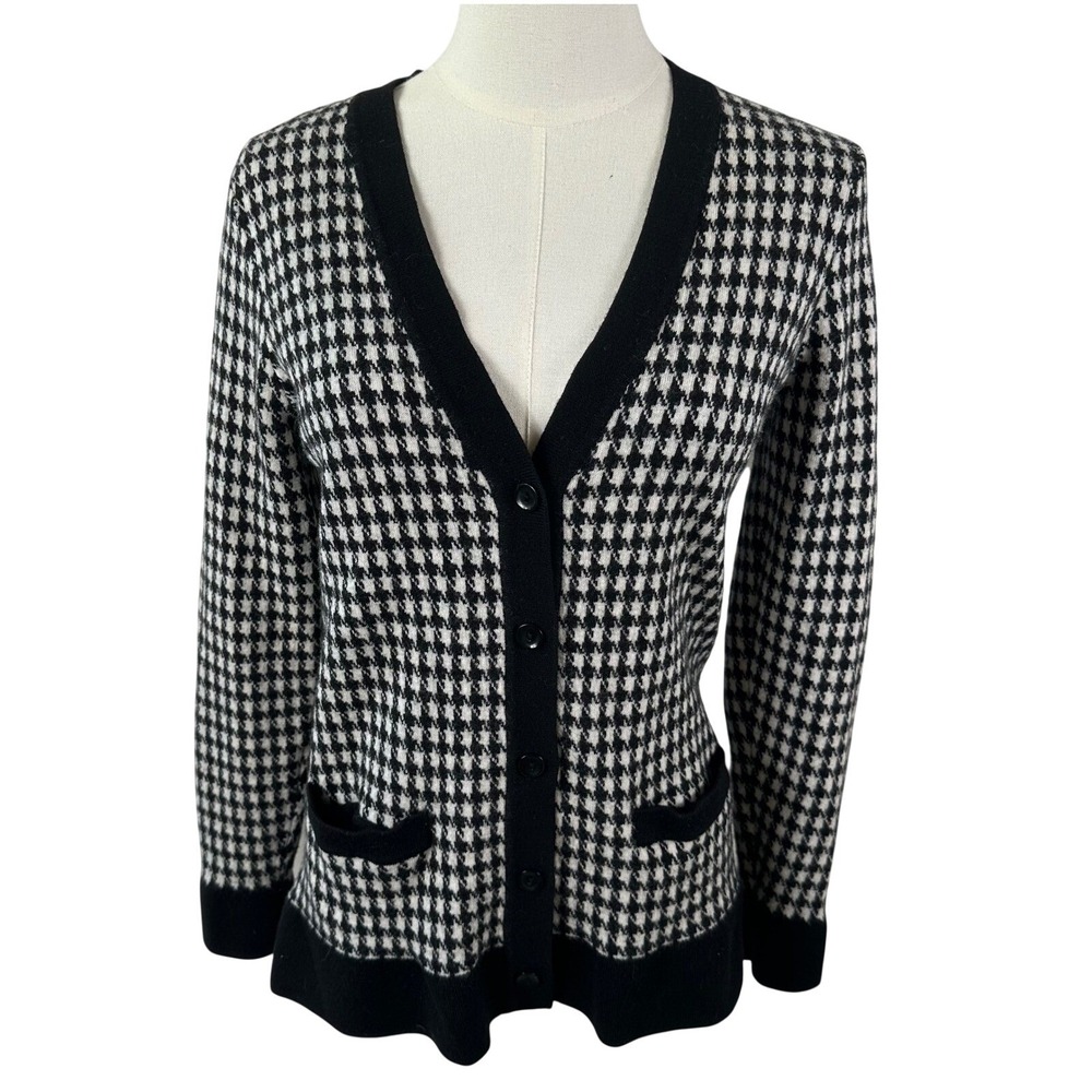 Pendleton Cardigan Womens M Black White Merino Wool Houndstooth Sweater‎ Preppy